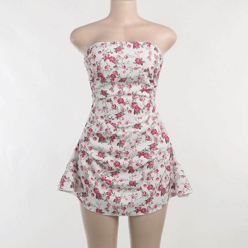 Flower print backless tube mini dress