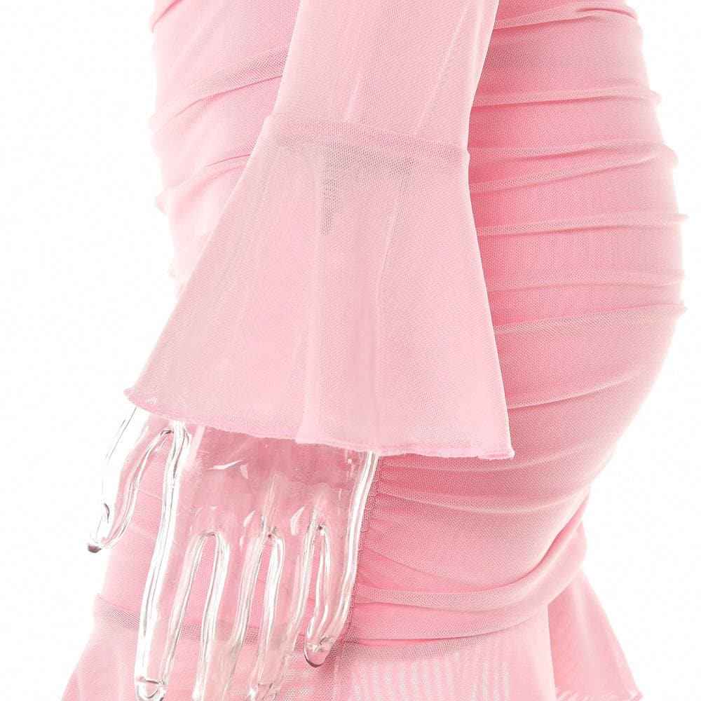 Mesh hollow out solid ruffle long sleeve ruched mini skirt set