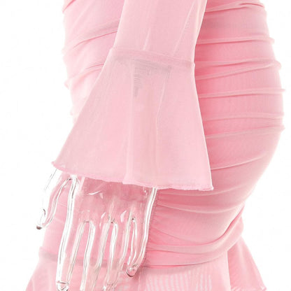 Mesh hollow out solid ruffle long sleeve ruched mini skirt set