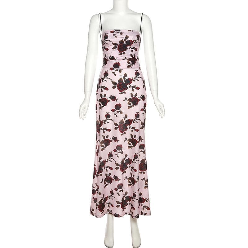 Floral Print Square Neck Spaghetti Strap Back Lace Up Maxi Dress