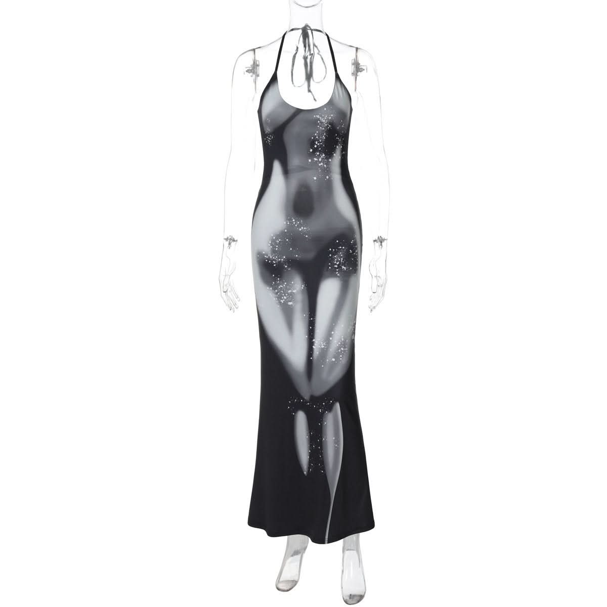 Halter self tie u neck body print o ring maxi dress