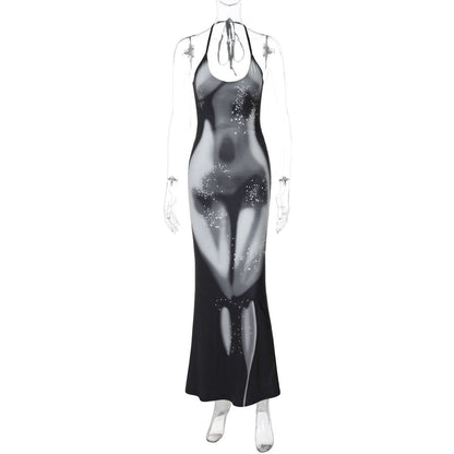 Halter self tie u neck body print o ring maxi dress