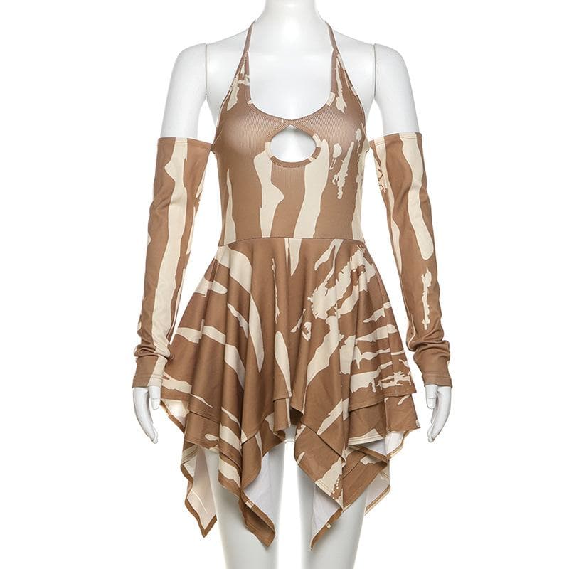 Long sleeve hollow out halter self tie ribbed cut out mini dress