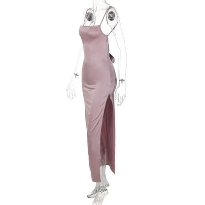 Square Neck Spaghetti Strap Side Slit Satin Midi Dress
