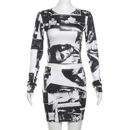 Long sleeve print crewneck mini skirt set