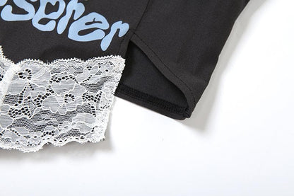 Halter lace patchwork letter pattern top