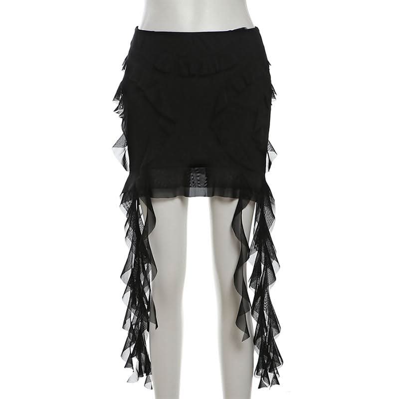 Ruffle mesh solid mini skirt