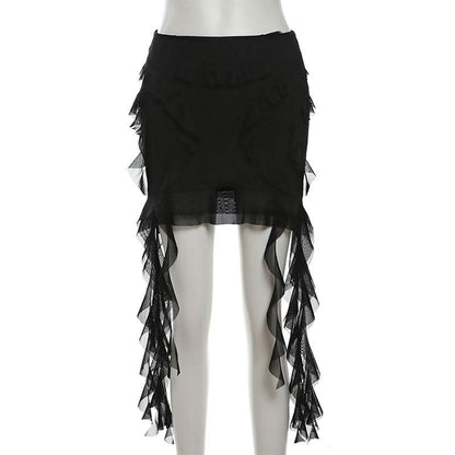 Ruffle mesh solid mini skirt