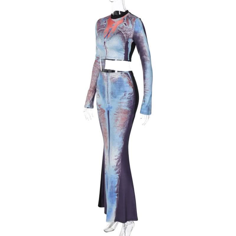 Contrast body print long sleeve high neck patchwork maxi skirt set-final-sale