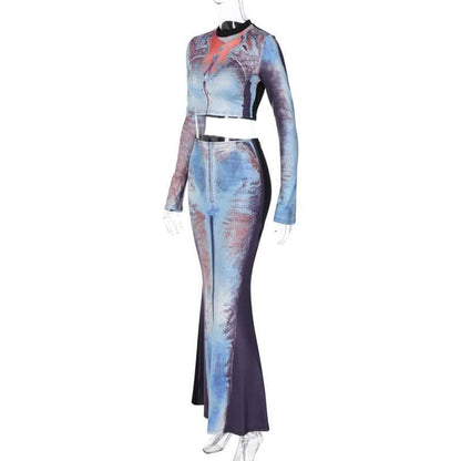 Contrast body print long sleeve high neck patchwork maxi skirt set-final-sale