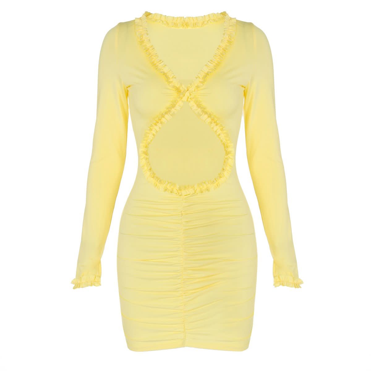 Long sleeve v neck hollow out ruffle cut out mini dress