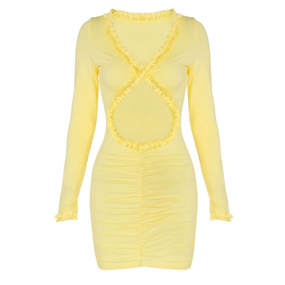 Long sleeve v neck hollow out ruffle cut out mini dress