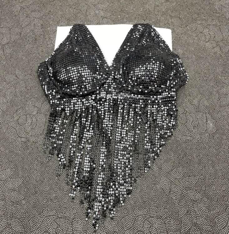 V neck halter self tie tassels glitter top
