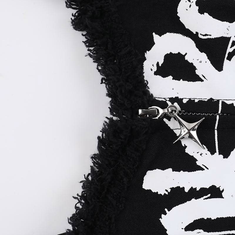 Zip-up letter print rivet applique raw hem cami top