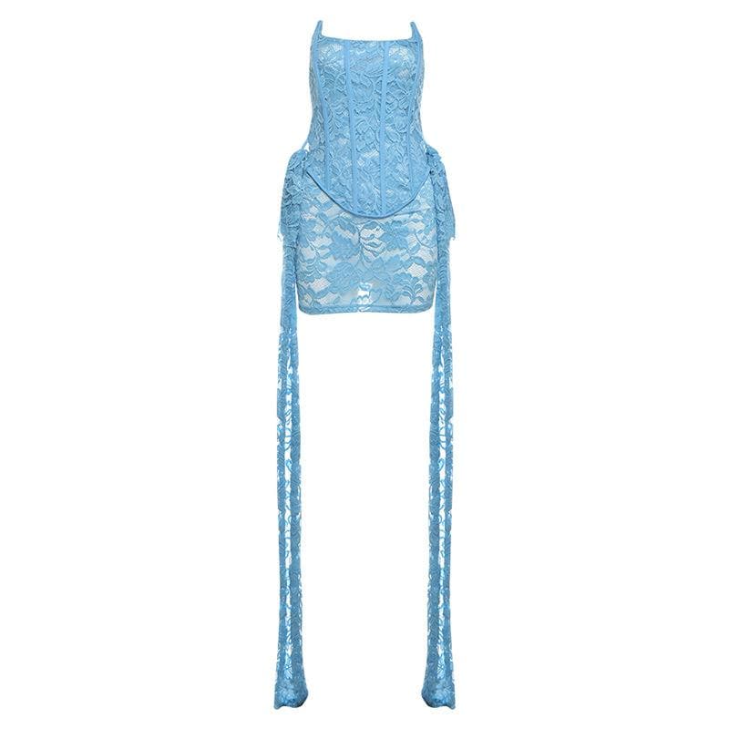 Lace bustier ruched see through tube mini dress