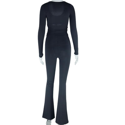 Long sleeve drawstring ruched patchwork jumpsuit