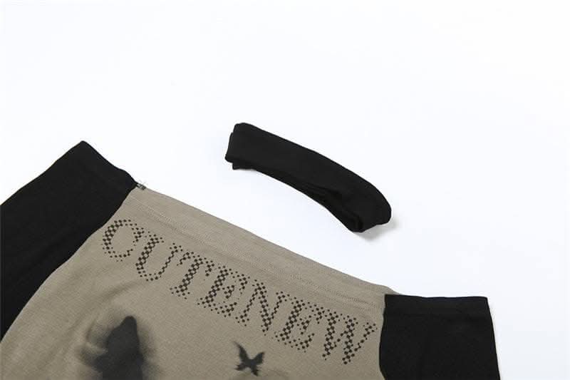 Butterfly pattern contrast off shoulder long sleeve top-final-sale