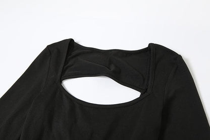 Long sleeve u neck backless self tie solid jumpsuit-final-sale