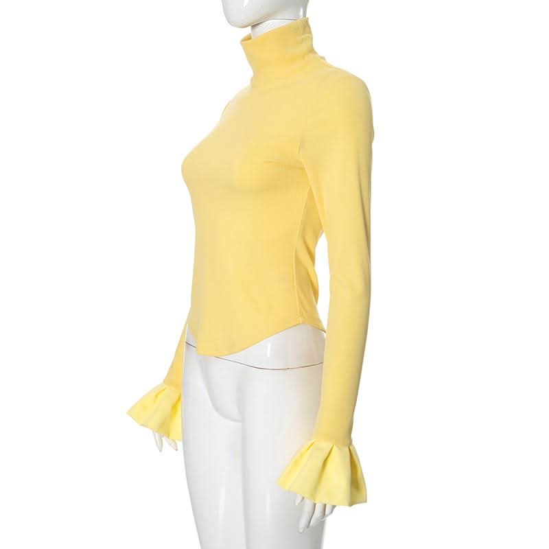 High neck long flared sleeve ruched ribbed solid top