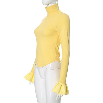 High neck long flared sleeve ruched ribbed solid top