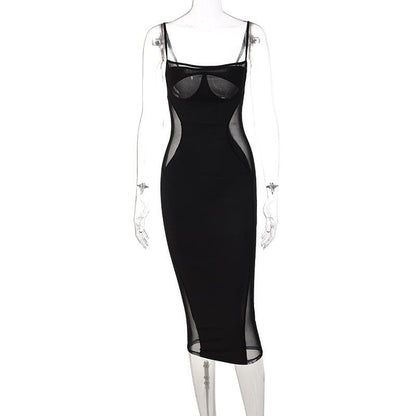 Sweetheart neck mesh patchwork cami midi dress