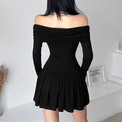 Off Shoulder Foldover Neck Long Sleeve Pleated Skater Mini Dress