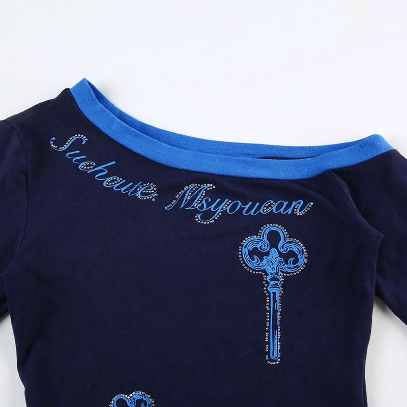 Long sleeve off shoulder beaded letter pattern top