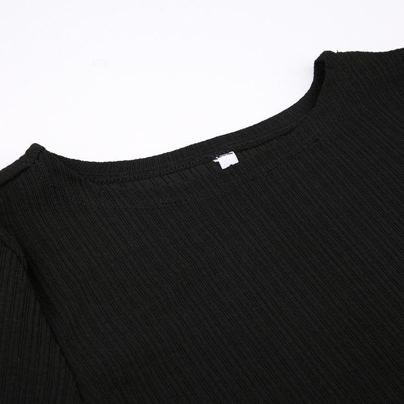 Long flared sleeve crewneck ribbed ruffle solid top