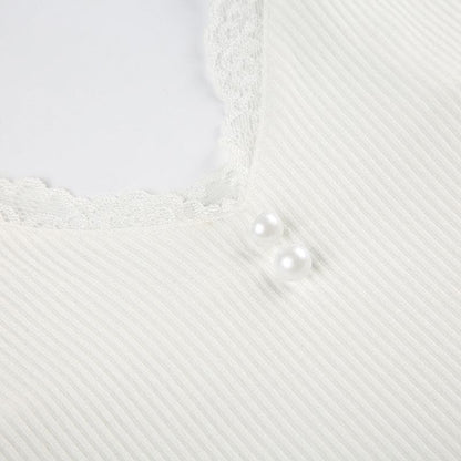 Lace hem button ribbed v neck cami bodysuit
