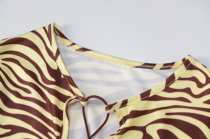 Long Sleeve Lace Up Zebra Print Bodycon Maxi Dress