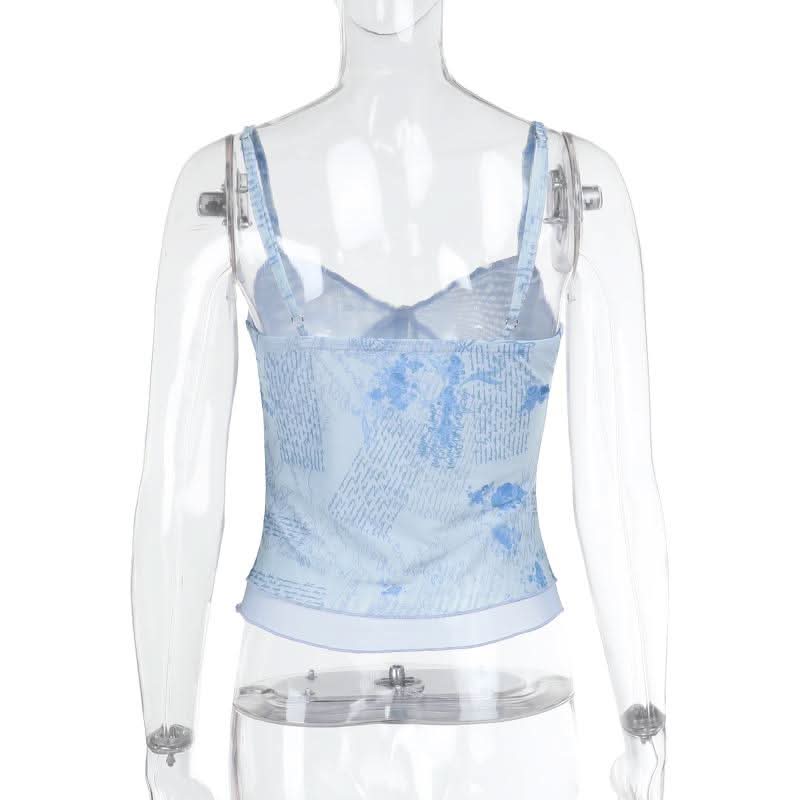 Mesh v neck print backless cami top