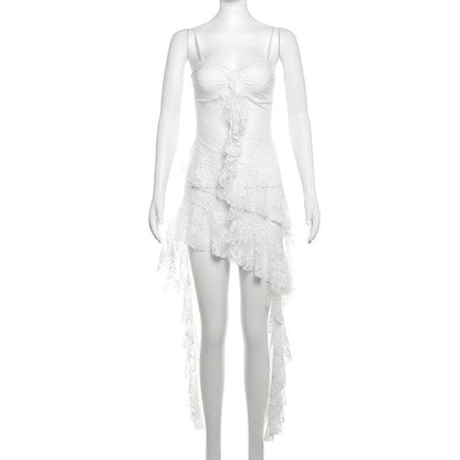 Sweetheart neck lace ruffle see through cami midi dress
