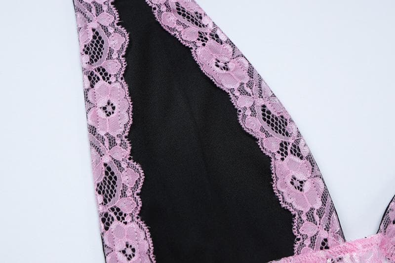 Halter patchwork lace deep v neck maxi dress