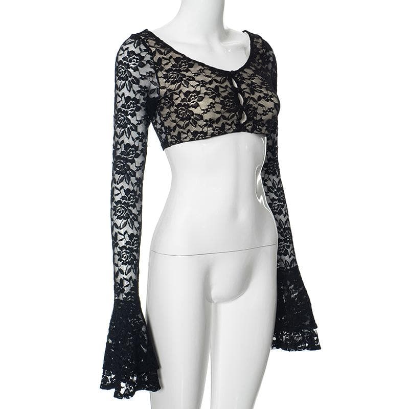 Long flared sleeve lace u neck button backless crop top
