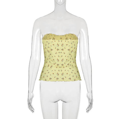 Ruched ruffle print flower applique tube top