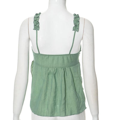 V neck ruffle bowknot slit cami top