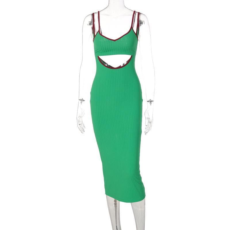 Rib Knit Scoop Neck Double Strap Contrast Trim Hollow Out Midi Dress