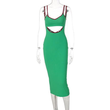Rib Knit Scoop Neck Double Strap Contrast Trim Hollow Out Midi Dress