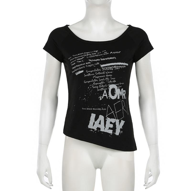 Short sleeve letter print irregular round neck top