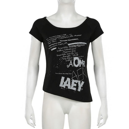Short sleeve letter print irregular round neck top