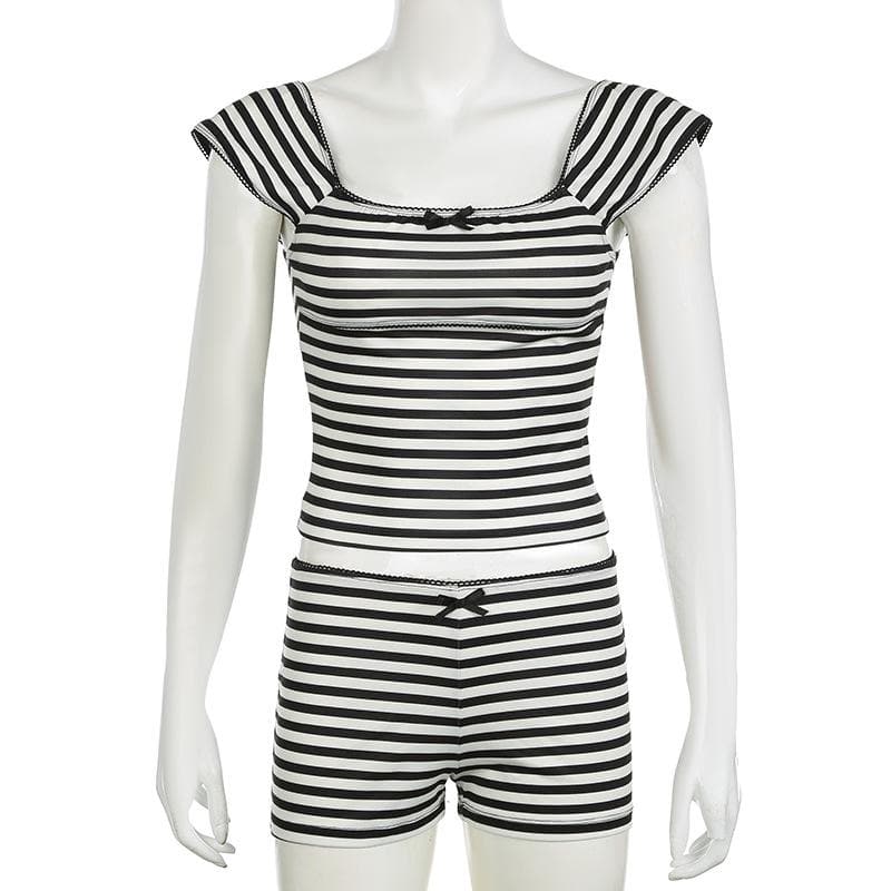 Striped print cap sleeve bowknot pant set