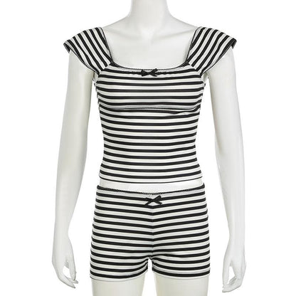 Striped print cap sleeve bowknot pant set