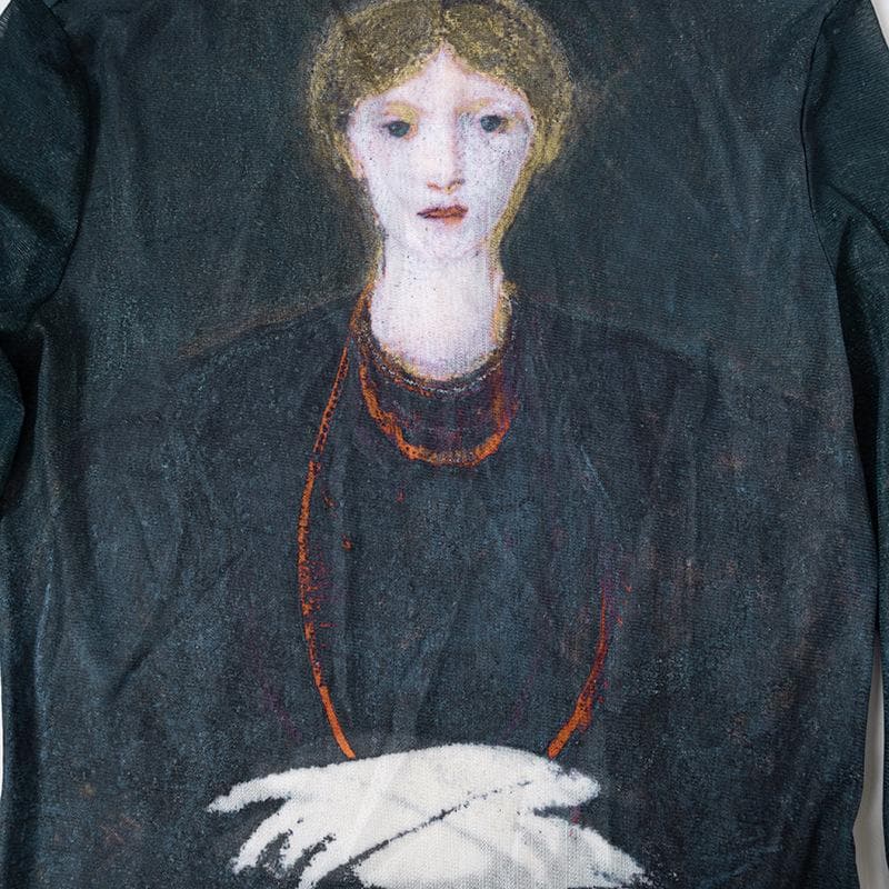 Ruffle see through sheer mesh long sleeve oil painting print top