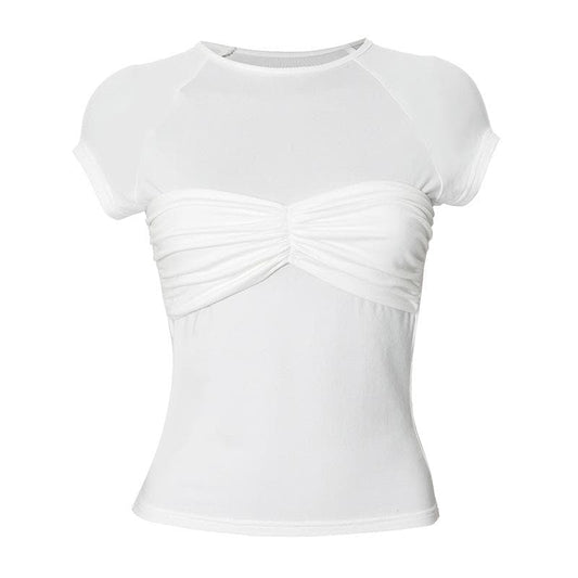 Short sleeve ruched crewneck solid top