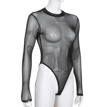 Long sleeve sheer mesh striped bodysuit