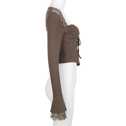 Long flared sleeve drawstring ruched lace top