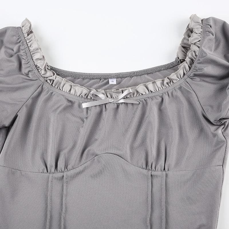 Short puff sleeve stitch ruffle bowknot top