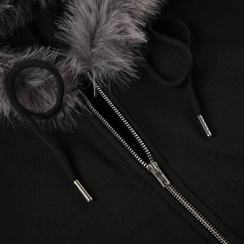 Hoodie long sleeve fluffy zip-up coat top