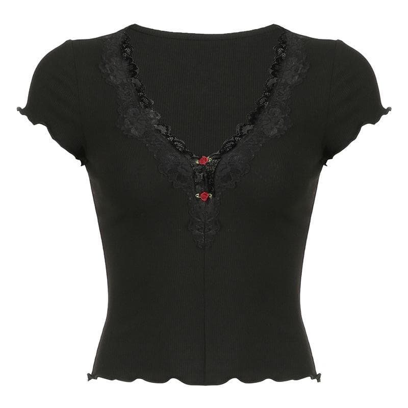 Short sleeve v neck ruffle lace hem ribbed top