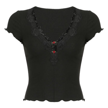 Short sleeve v neck ruffle lace hem ribbed top
